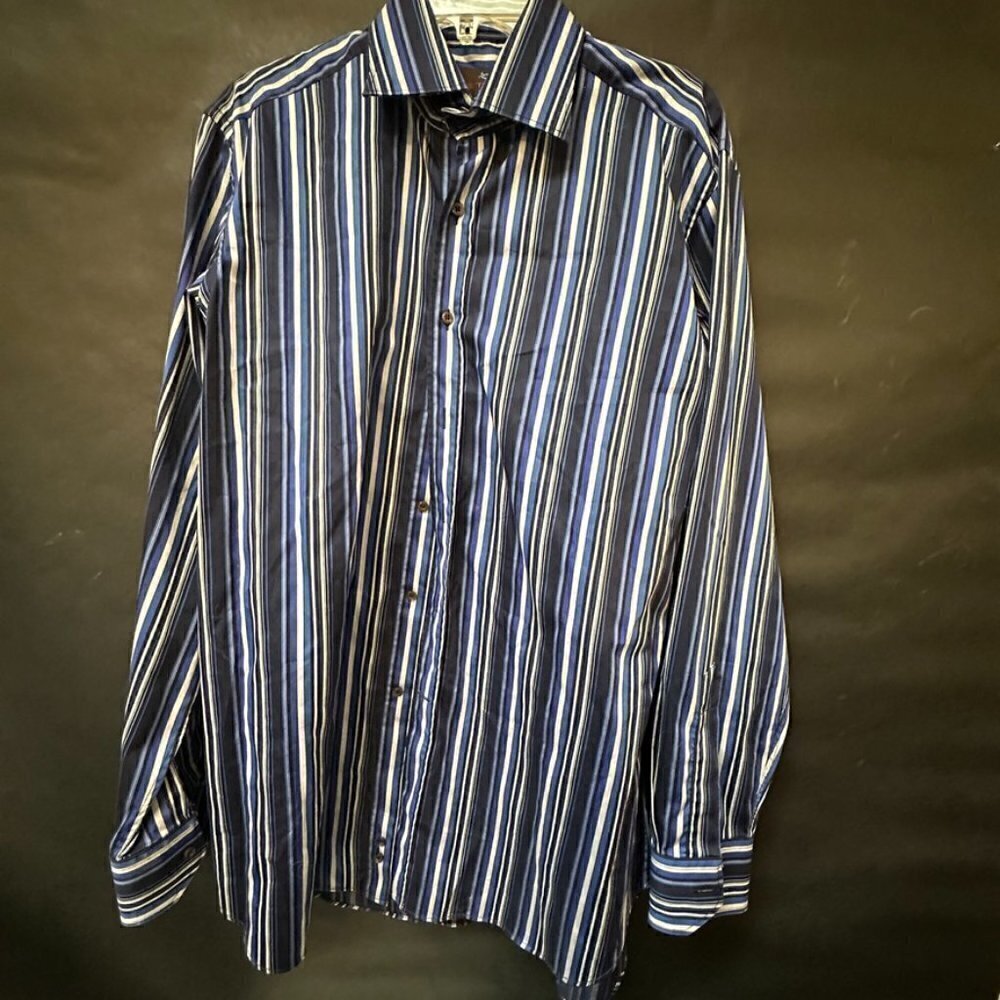 Etro Blue Button Down Shirt Dress Formal Cotton Size XL Extra Large 43 Striped - Picture 4 of 8